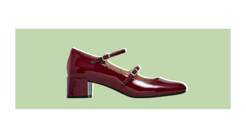 A patent leather Mary Jane with a square block heel.