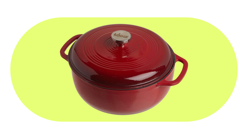 Lodge Dutch oven on lime green background