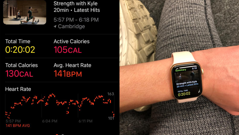 Apple Fitness workout summary on screen and apple watch