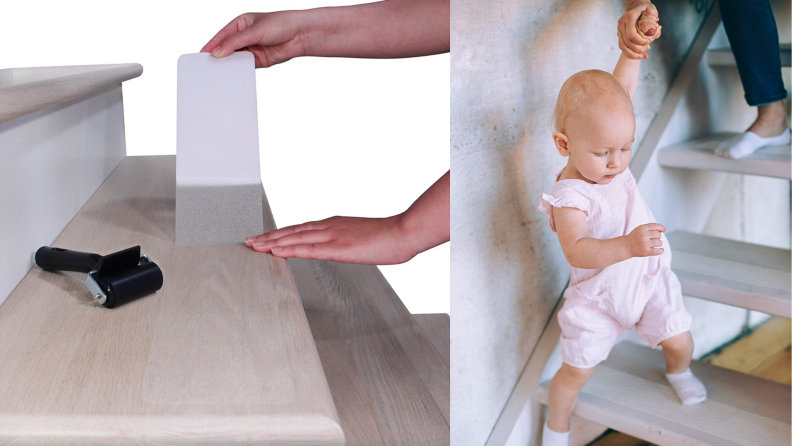 On left, person placing clear tape onto wooden stairs. On right, baby being walked down stairs with the help of adult.