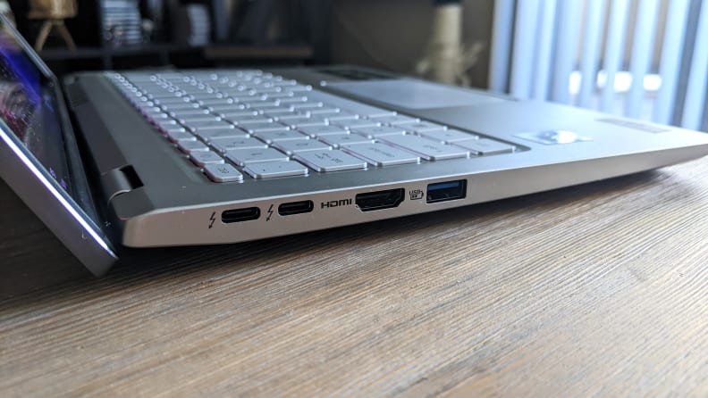 Acer Swift 3 OLED side, showing USB port, HDMI port and charging port.