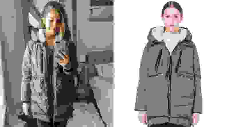 The image is split into two photographs: two models sporting the same olive-green parka.