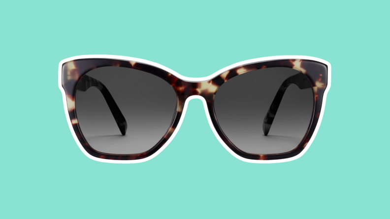 The Rhea Warby Parker sunglasses on a green background.