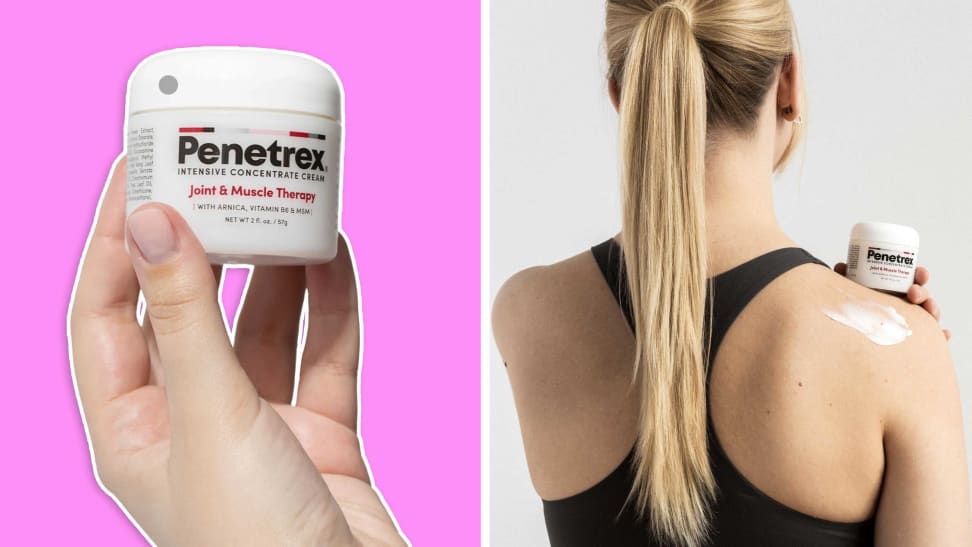 Penetrex, a muscle and joint relief cream on a pink background and on a woman