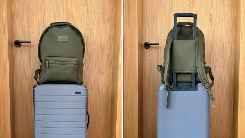 Front and rear view of a green backpack on the handle of a gray rolling suitcase.