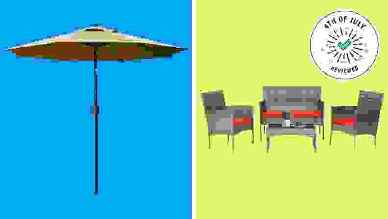 Patio umbrella and chairs.