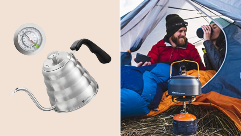 Left: Gooseneck stovetop kettle on a pink background. Right: people in tent in background with GSI camp stove in foreground.