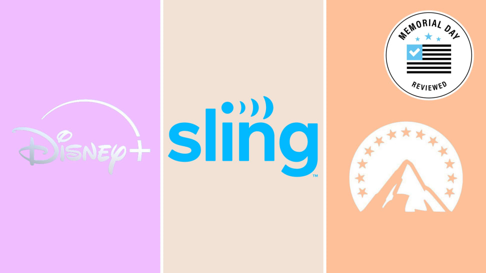 The logos for Disney+, Sling TV, and Paramount+ with the Memorial Day Reviewed badge in front of colored backgrounds.
