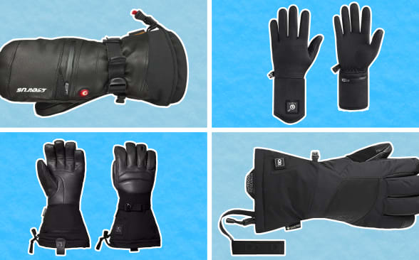 Four different brands of heated gloves on a blue grid background
