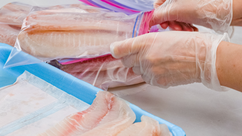 A person is putting raw fish fillets into a ziploc bag.