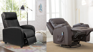 On left, black leather recliner chair in living room. On right, brown leather chair extended into horizontal position.