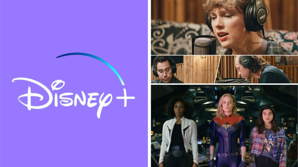 The Disney+ logo in front of a colored background next to screenshots of content on the streaming site.