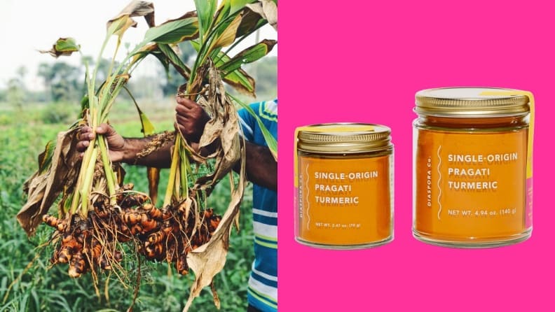 On the left, a person is harvesting turmeric from the fields; on the right, two jars of Diaspora Co.'s top-selling products are on display.