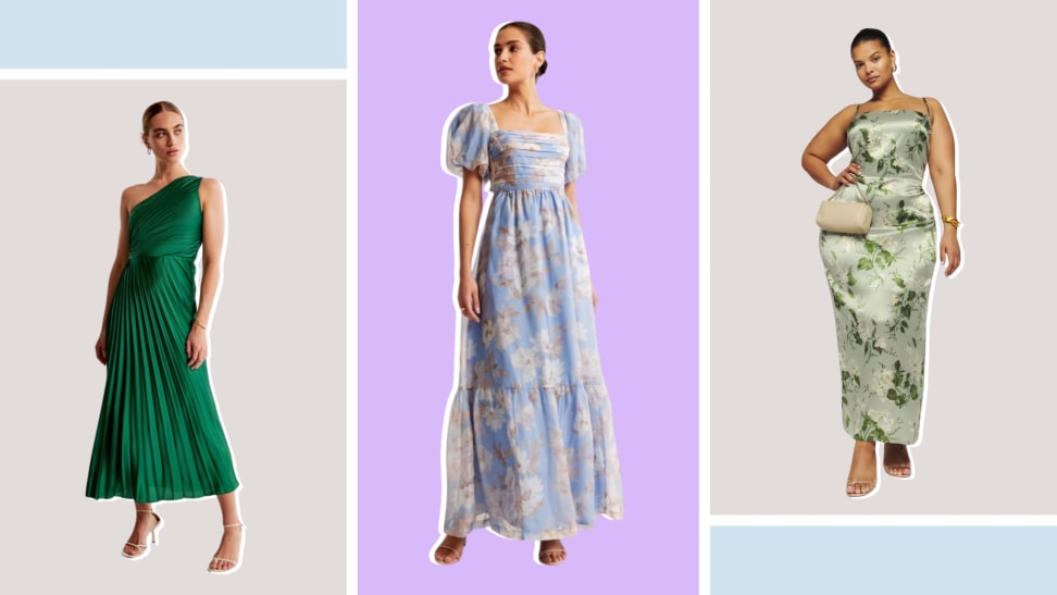 Three models: One wears a pleated green one-shoulder dress, one wears a blue floral gown with puff sleeves, and one wears a green floral silk print maxi dress.