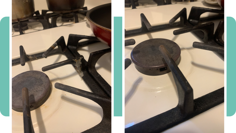 A picture of a before and after cleaning of a stovetop with the Bona All-Purpose cleaner