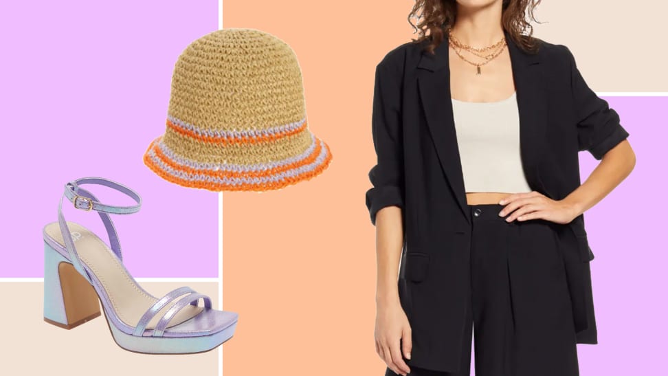 An image of a purple holographic heeled shoe, a woven bucket hat made of straw, and a short set with a pair of black longline shorts and a blazer.