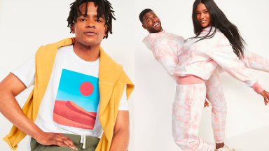 sitting man modeling t-shirt and shirt, man and woman modeling pullover hoodies