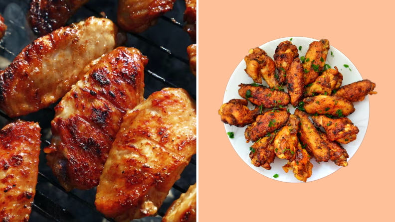 On left, Crowd Cow chicken wings being cooked on the grill. On right, plate of Crowd Cow smoked chicken wings.