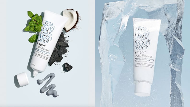 On the left: The white squeeze tube from Briogeo with mint leaves and coconut next to it. On the right: The same squeeze tub lodged inside a cube of ice.