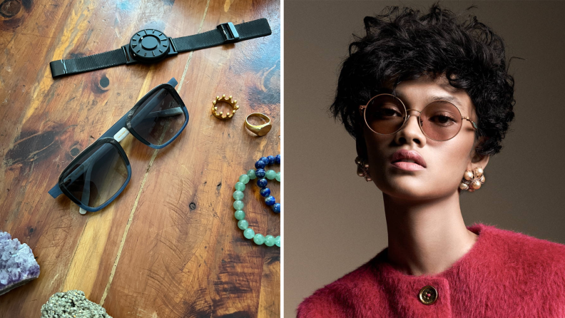 A pair of blue sunglasses on a tabletop surrounded by other items, and also a model wearing a pair of round sunglasses.