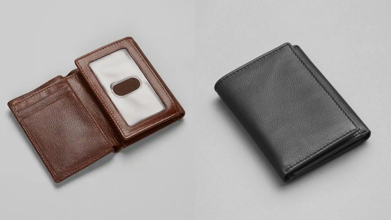 brown and black leather wallet on grey background