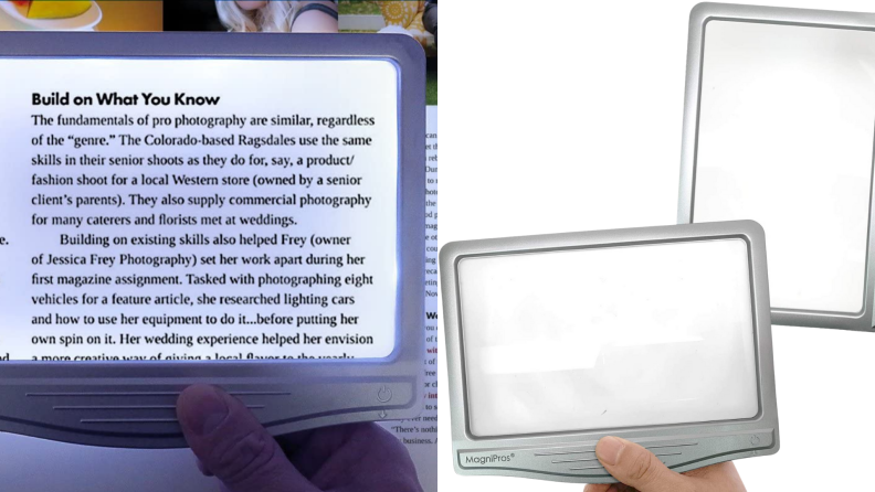 A page is illuminated and magnified by a handheld reading lamp.