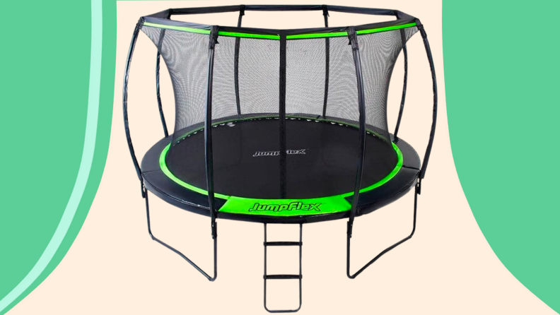 A black and green trampoline.