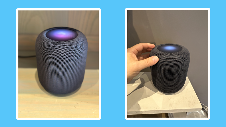 On left, HomePod smart speaker on top of wooden surface. On right, person using finger to adjust settings on HomePod smart speaker.