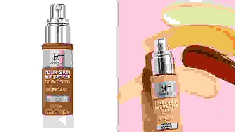 On the left, the It Cosmetics Your Skin But Better Foundation + Skincare in a tan shade sits on a white background. On the right, the same foundation sits on a pink background with fair, light, medium, and dark swatches to the upper right corner.