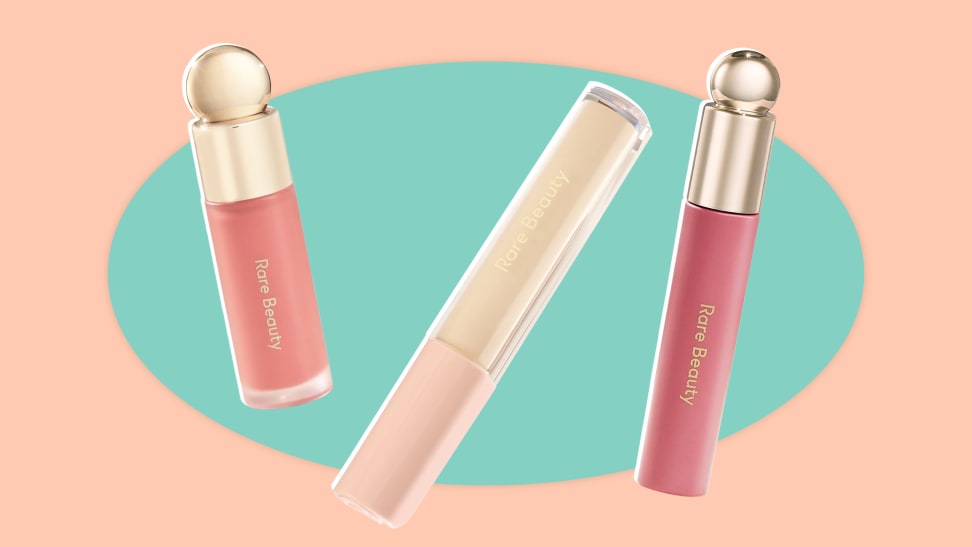 Three Rare Beauty products against a green and peach background