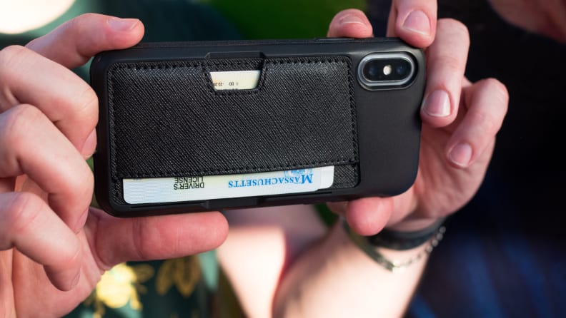 An iPhone in a protective case