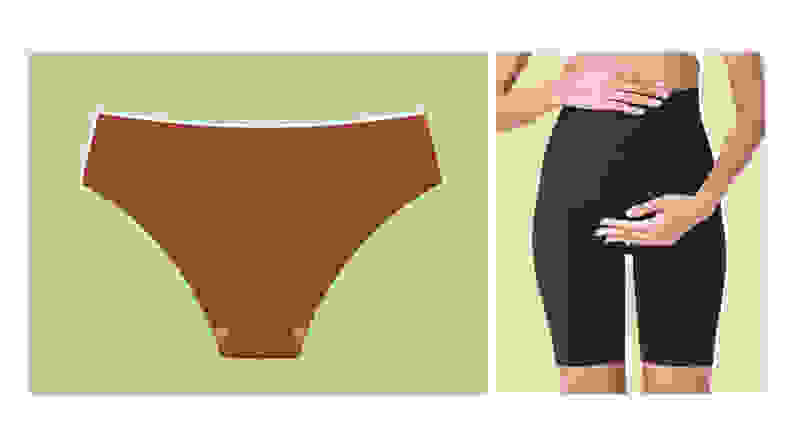 A model wearing maternity shorts and a product shot of a pair of panties.