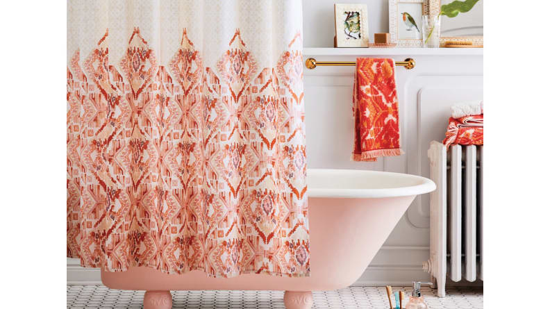 A colorful shower curtain