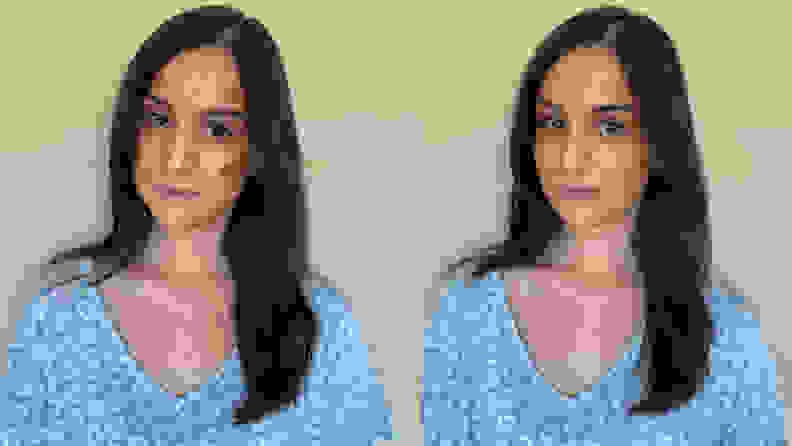 Writer Sara Miranda in a dual image. In the left image, she has blush not yet blended in to the skin on her face; in the right, the blush is blended in.