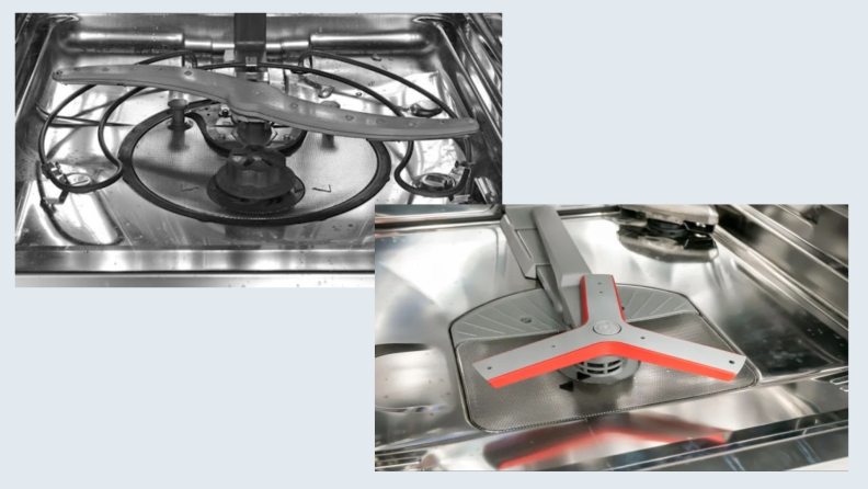 A close-up of the spray arms at the bottom of an old GE dishwasher and the new 800 Series Bosch dishwasher.