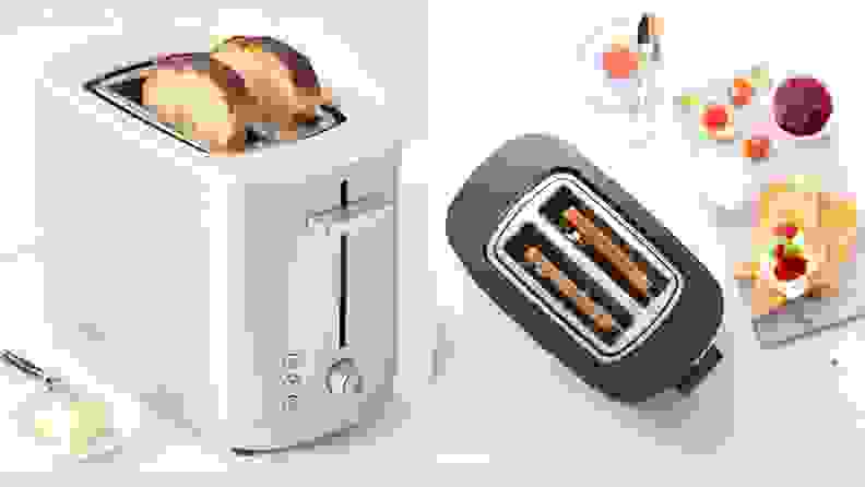 Left: two slices of toast emerging from Zwilling toaster. Right: filled toasted on marble surface shot from above