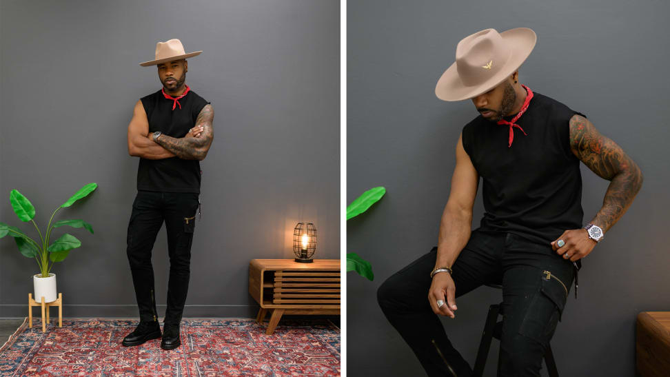 Two photographs of a man wearing a black tank top, black pants, black boots, a tan hat, and a red handkerchief.