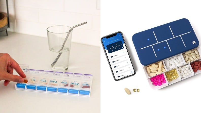 On left, person sitting at table organizing pillbox. On right, a smart pillbox.