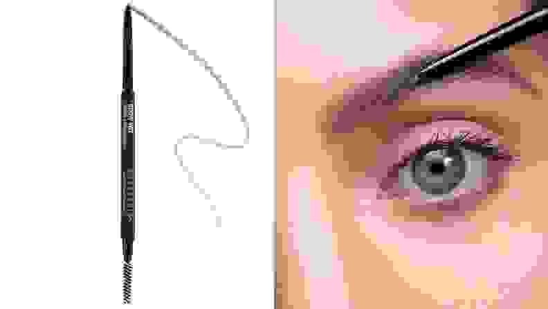 On left, brown eyebrow pencil from Anastasia Beverly Hills. On right, eyebrow pencil being applied to eyebrow.