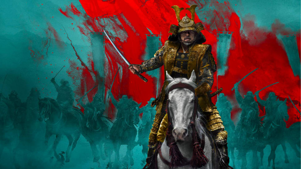 An image of a samurai on horseback in the Hulu series "Shogun."