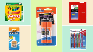 Various school supplies on sale at Walmart, including Crayola markers, Wite-Out, Elmer's glue sticks, and more.