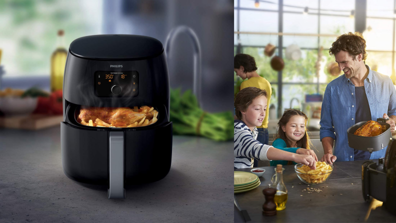 A family cooks food with an air fryer.