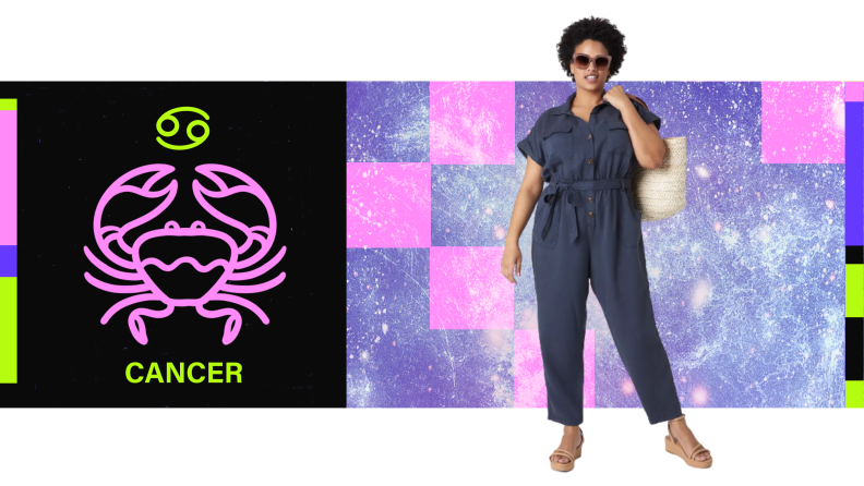 On the left is the symbol for Cancer, and on the right is a model wearing a navy blue jumpsuit.