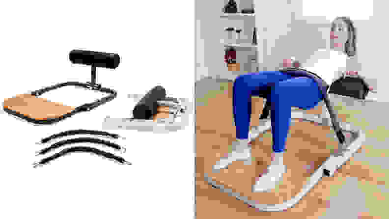 一张BootySprout机器和配件的照片，还有一张女人在BootySprout上做臀部推举的照片。