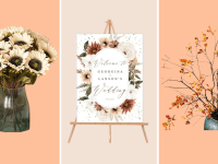 faux flowers in vase/wedding sing on easel/dried foliage