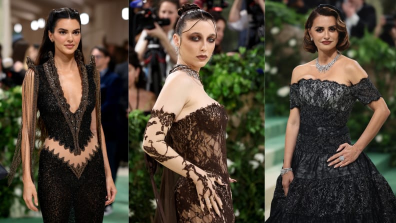 Kendall Jenner, Emma Chamberlain, and Penelope Cruz wearing one of the Met Gala red carpet trends.