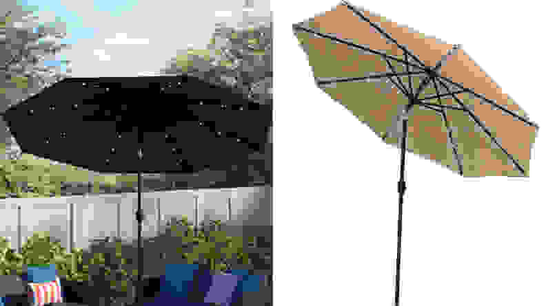A navy blue canopy umbrella in use over a patio table, and a tan canopy umbrella against a white background, both among the best modern outdoor lighting ideas.