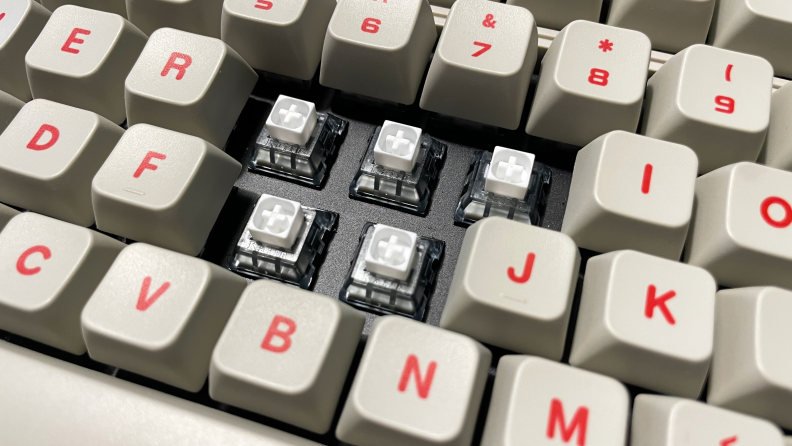 A close-up of the 8Bitdo Retro Mechanical Keyboard, without some of the keys.