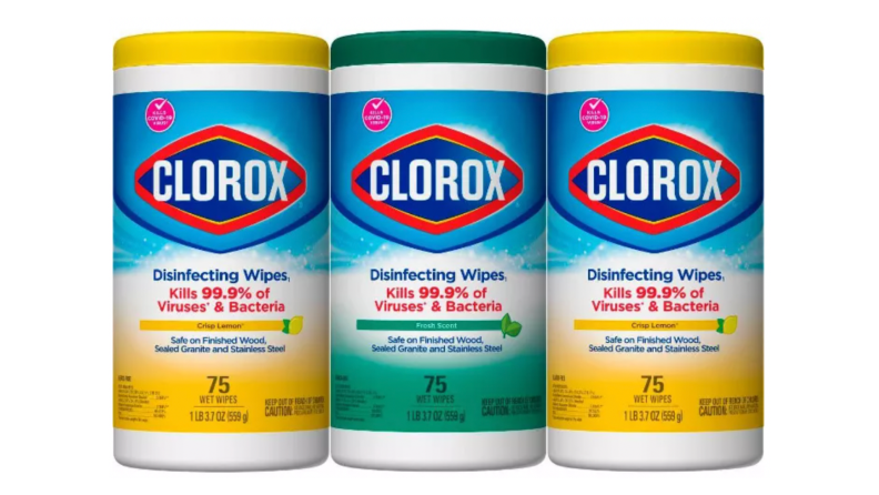 Picture of three tubes of Clorox wet wipes.