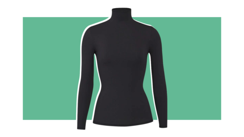 A form-fitting black turtleneck shirt.